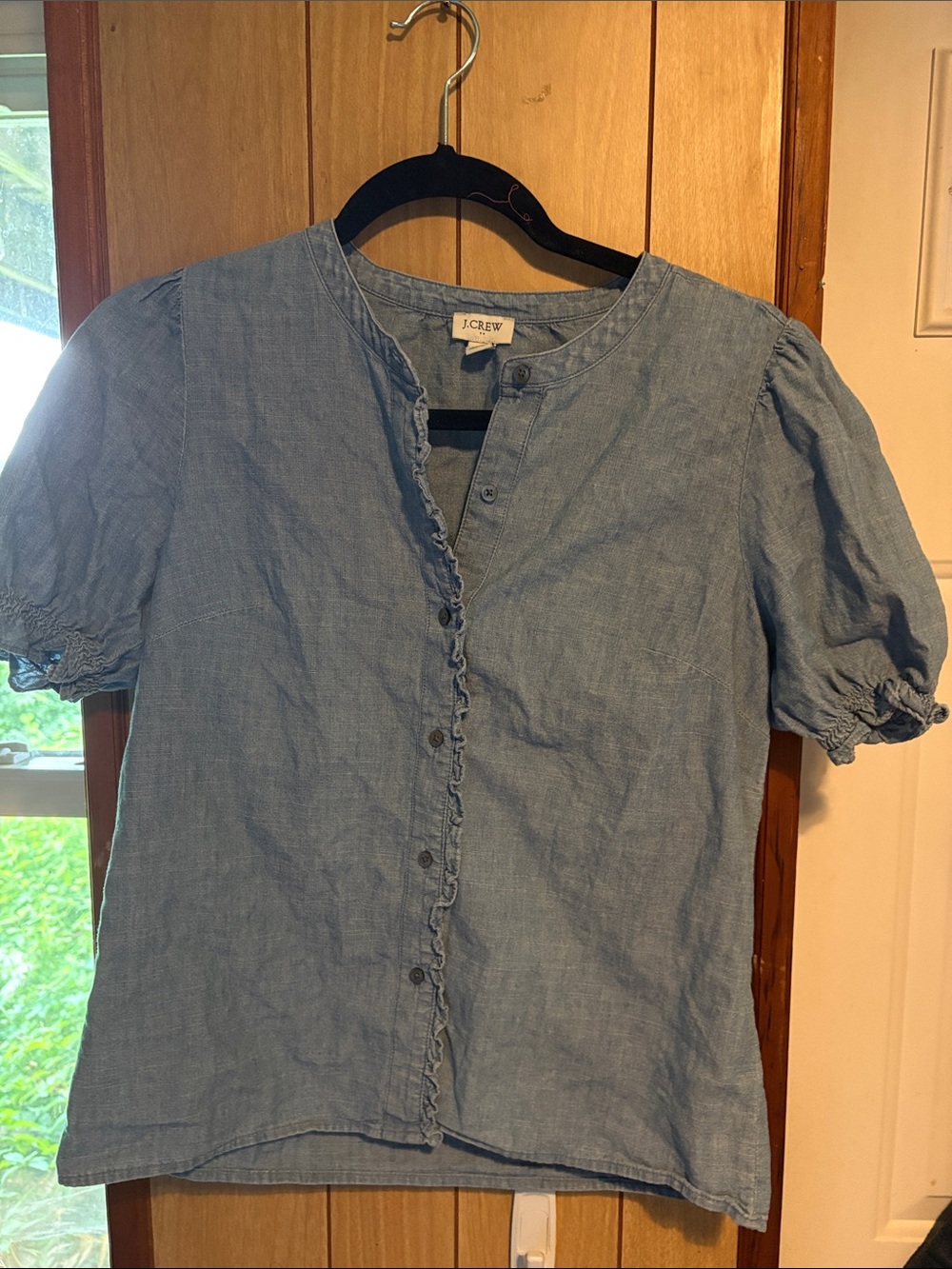 J. Crew Light Blue Ruffle-Trim Button Down Puff Sleeve Shirt